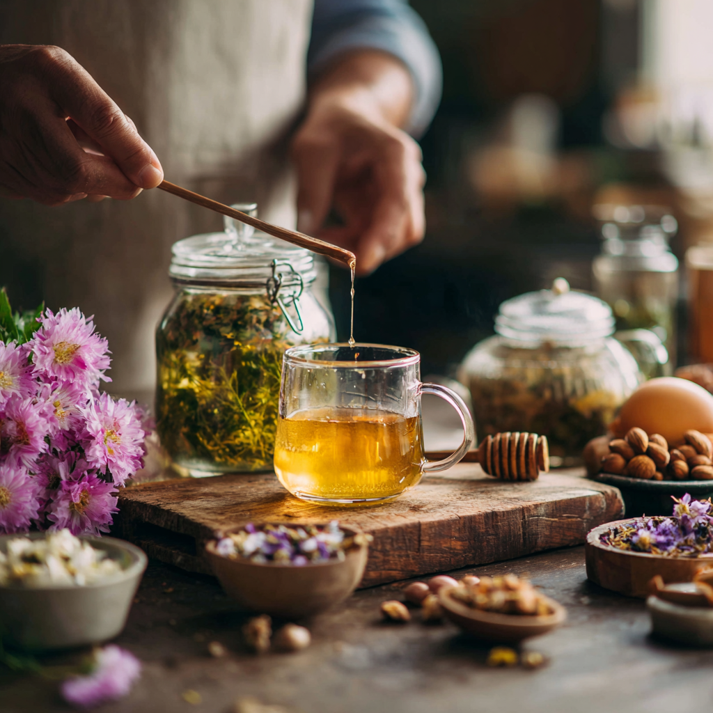 Person preparing natural herbal tea and healthy foods in kitchen setting