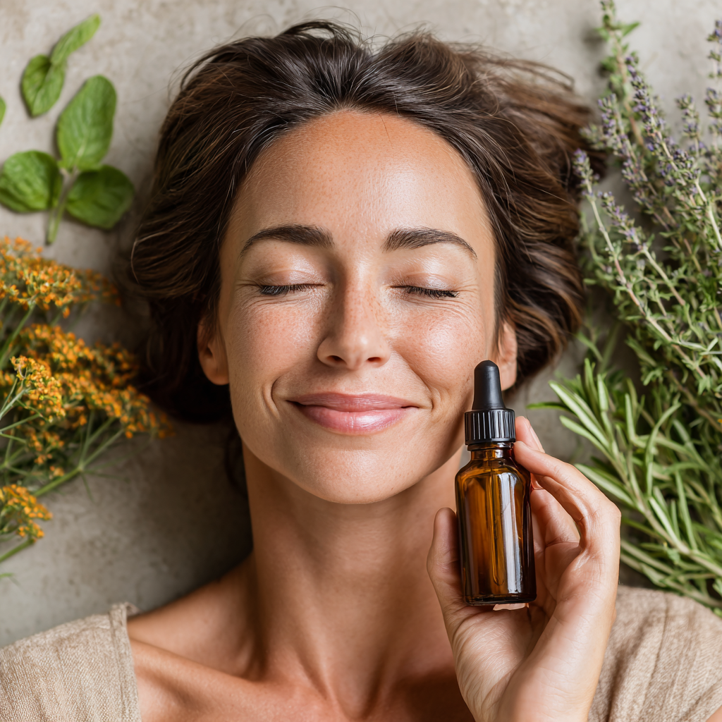 Woman applying natural skincare products with herbs and plants around her
